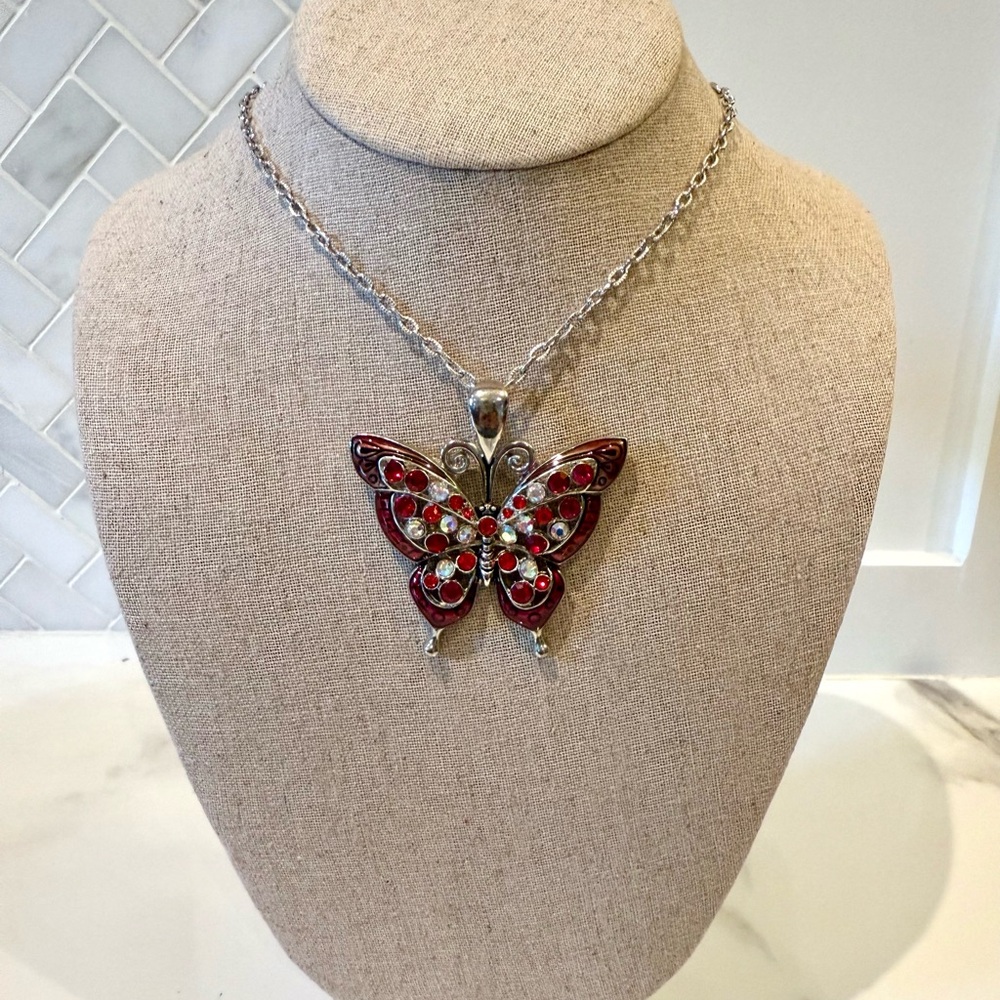 Sparkly Red Butterfly Pendant Necklace